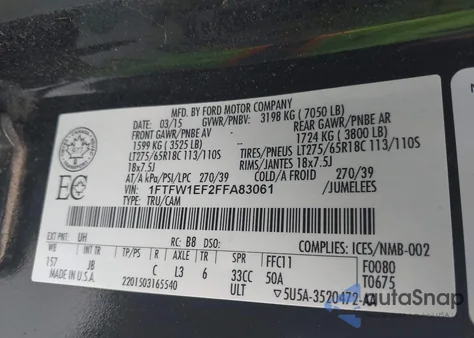 2015 Ford F150 Xlt z USA, uszkodzony, nr VIN 1FTFW1EF2FFA83061